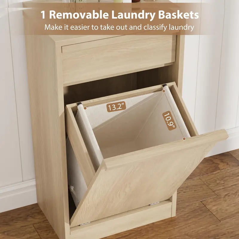 Tilt Out Laundry Hamper Cabinet with Drawer and Removable 10-Gallon Basket