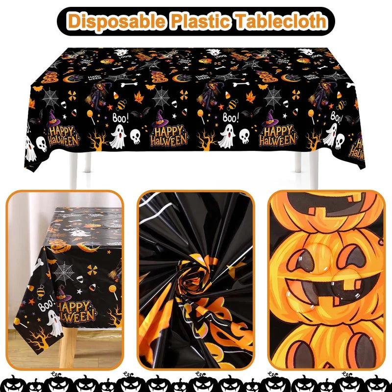 Halloween Tablecloth 130x220cm Disposable Plastic Party Covering Ghost Skeleton Witch Design Black