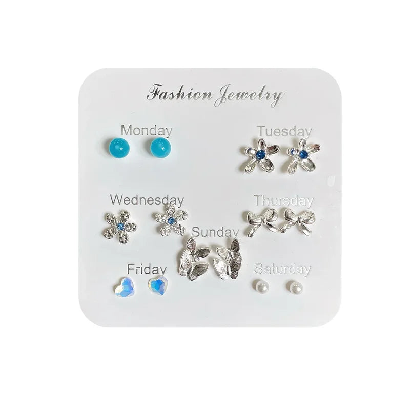 Sea Blue Bean Geometric Ear Stud Set Small Flower Butterfly Jewelry Pack