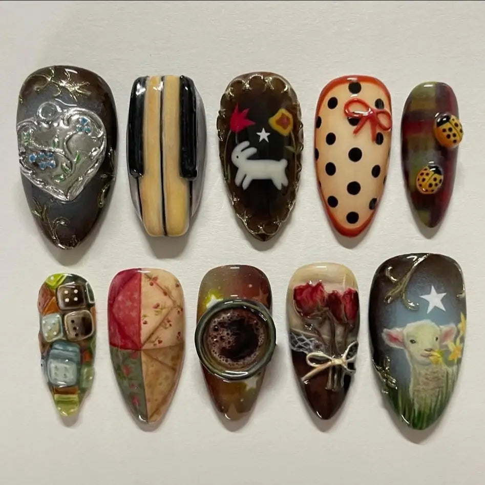 24Pcs Vintage Country Style False Nails with Cartoon Lamb Bunny Rose Prints - Press On Nail Art Set
