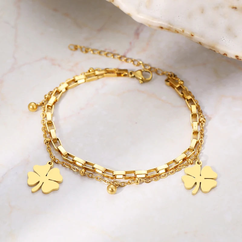 Trendy Stainless Steel Bracelets for Women Beaded Layer Chain Jewelry Festive Gift