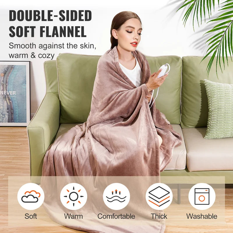 Electric Heated Throw Blanket King Size 100x90 Soft Flannel with 5 Heat Levels & Auto-Off