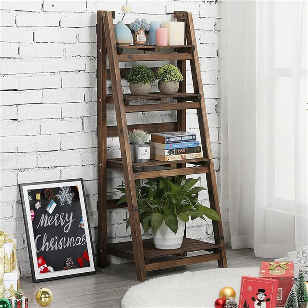 Folding 4-Tier Wooden Ladder Shelf - Indoor Plant & Storage Rack