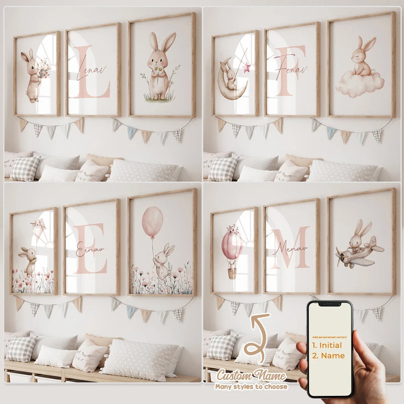 Personalized Cartoon Rabbit Wall Art Canvas Poster for Kids Room Decor