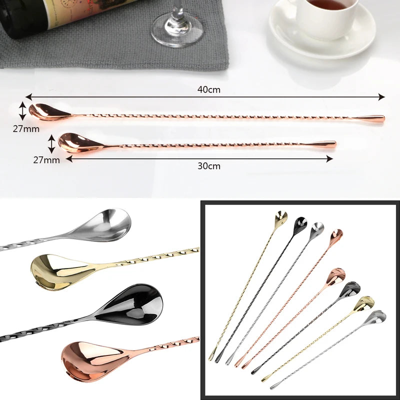 Stainless Steel Cocktail Mixing Spoon 30/40cm Bar Stirrer Teardrop Spiral Pattern