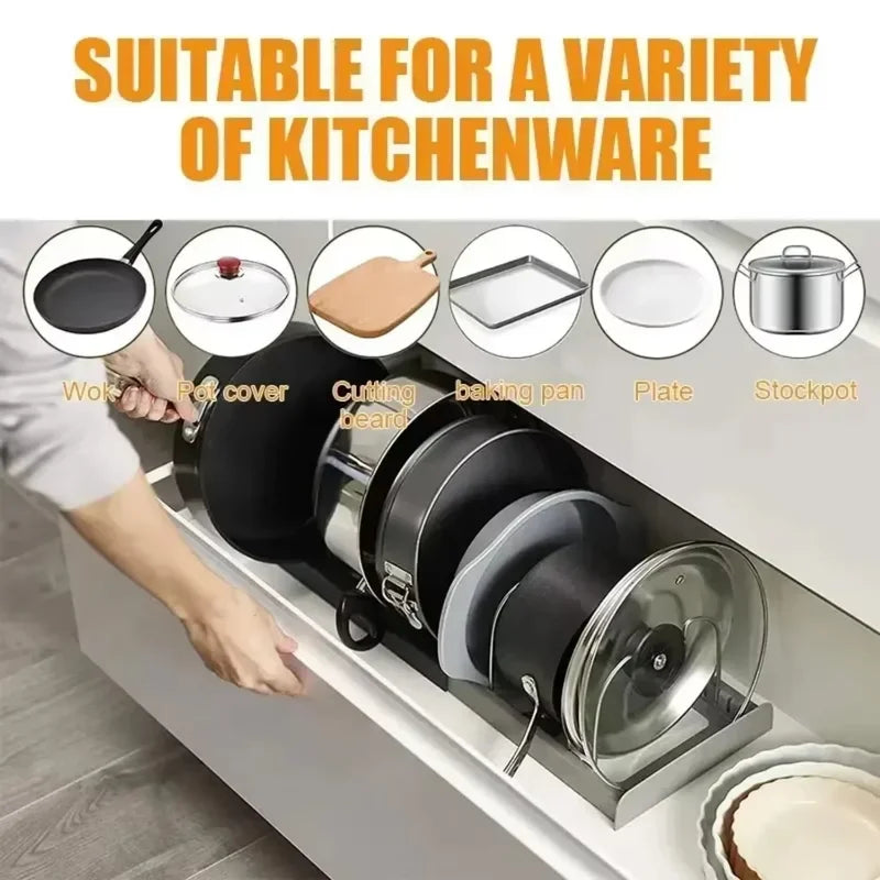 Expandable Pots and Pans Storage Rack for Kitchen Cabinets, 6 Adjustable Shelves