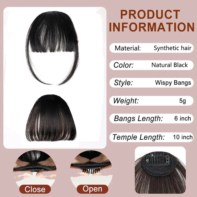 Clip-In Bangs Extensions for Women Natural Black Hairpiece Fringe with Temples