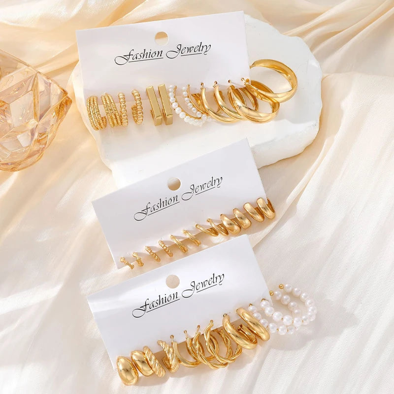 Geometric Hoop Earrings Set for Women Vintage Bohemian Pearl Gold Jewelry Gift