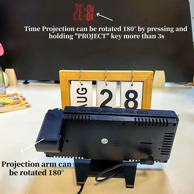 Digital Projection Alarm Clock with Rotation & Night Mode, Temperature & Humidity Display