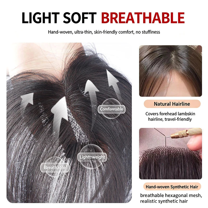 Synthetic Fiber Hair Topper with Middle Part & Baby Bangs - Clip-On Wig for Gray Coverage & Cheekbone Effect