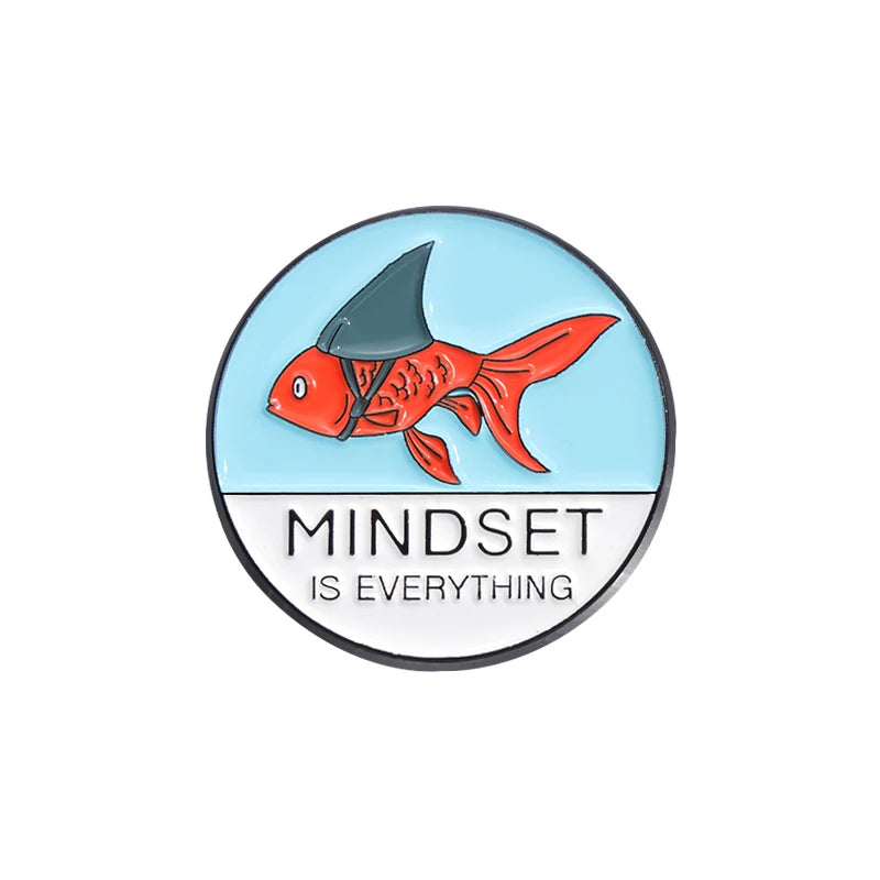 Set of 2 Positive Quote Enamel Pins - Fish & Shark Gold-Tone Brooches for Kids & Friends