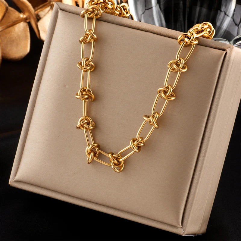 Unisex Twist Knot Necklace and Bracelet Set - Gold Silver Tone Jewelry