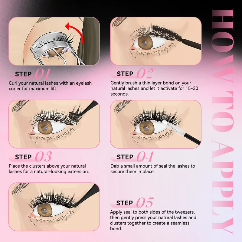 Waterproof Eyelash Clusters Kit with Bond & Seal Remover - Natural Look, Beginner Friendly