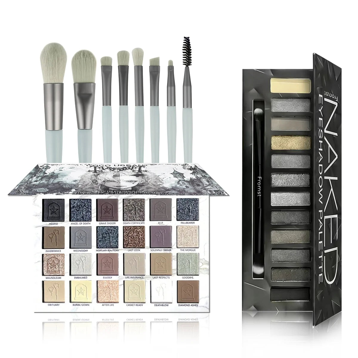 Gothic Core Eyeshadow Palette with 8 Makeup Brushes - Dark Tones, High Pigment, Vegan Formula