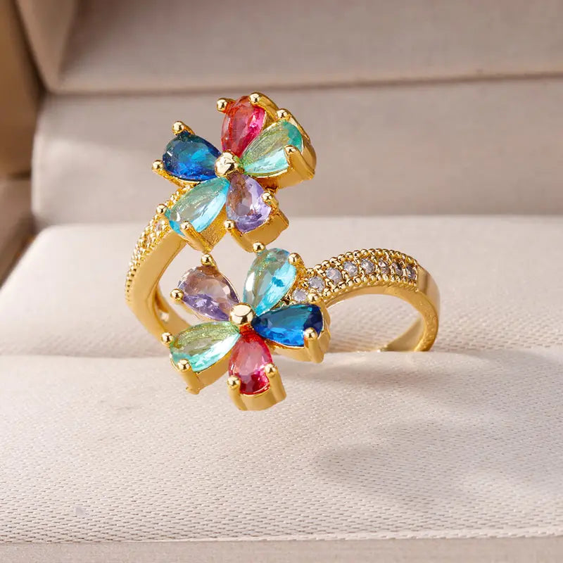 Colored Zircon Double Flower Ring for Women Gold Plated Stainless Steel Wedding Jewelry Gift