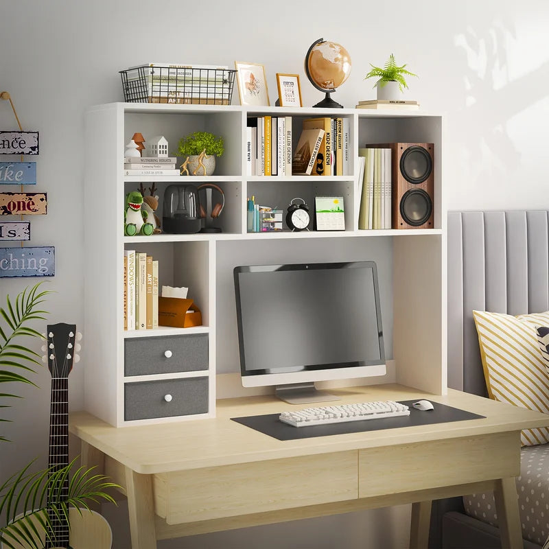 Adjustable Desktop Bookshelf Organizer with 7 Compartments & 2 Drawers - Large Capacity Office Storage