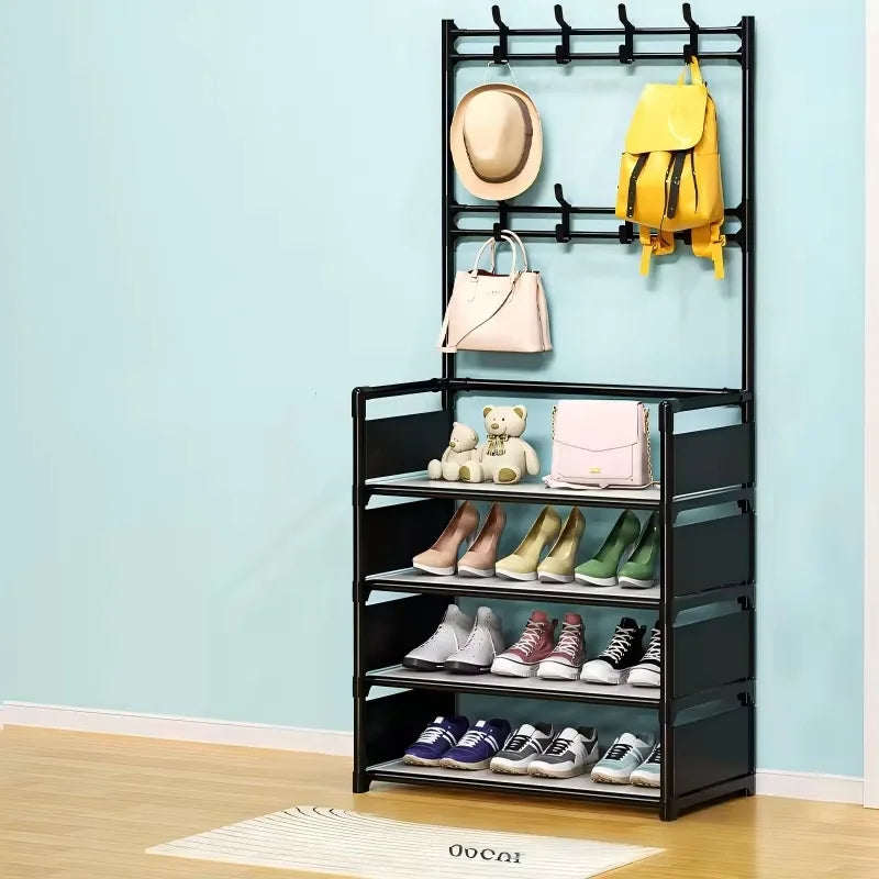 Multi-Tier Metal Storage Rack with 8 Hooks for Shoes Coats Hats Accessories