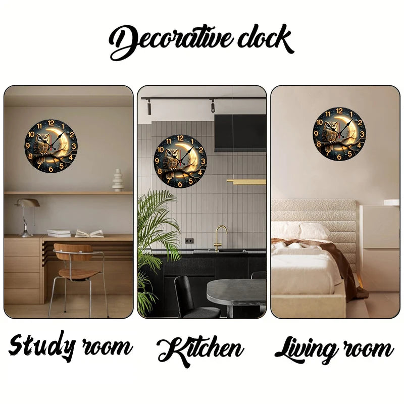Moonlight Night Wooden Wall Clock - Silent Hanging Round Decor for Living Room Bedroom Office