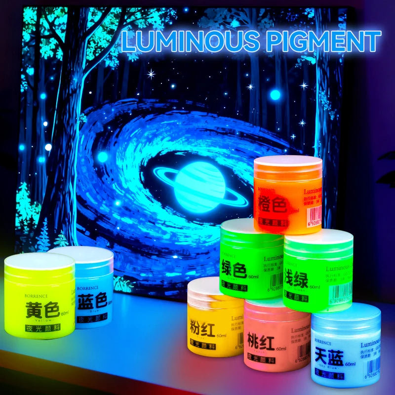 60ml Fluorescent Acrylic Paint Set - Glow in Dark Art & Craft Supplies