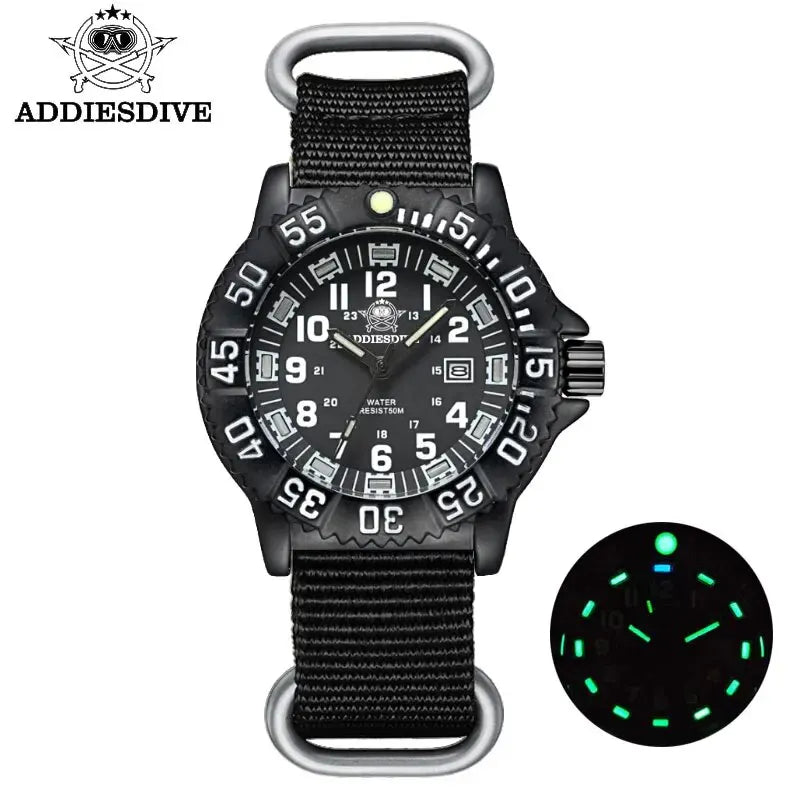 Men's Waterproof Sports Watch with Luminous Tube & Nylon Band - Military Style, 50m Water-Resistant