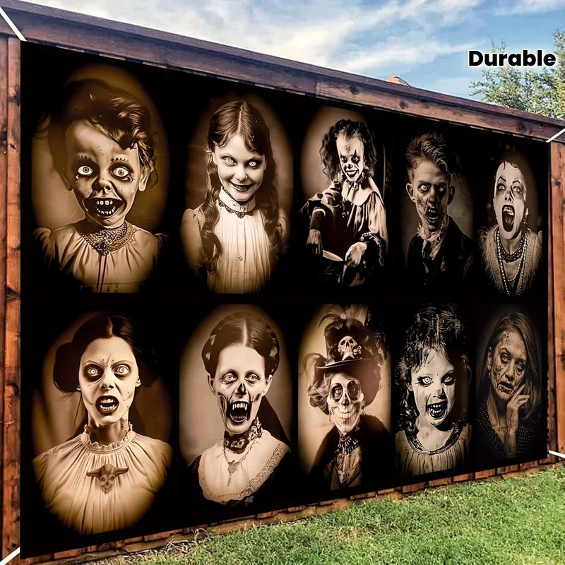 Halloween Gothic Background Cloth with Horror Portrait & Zombie Makeup Designs - Event Decoration Fabric