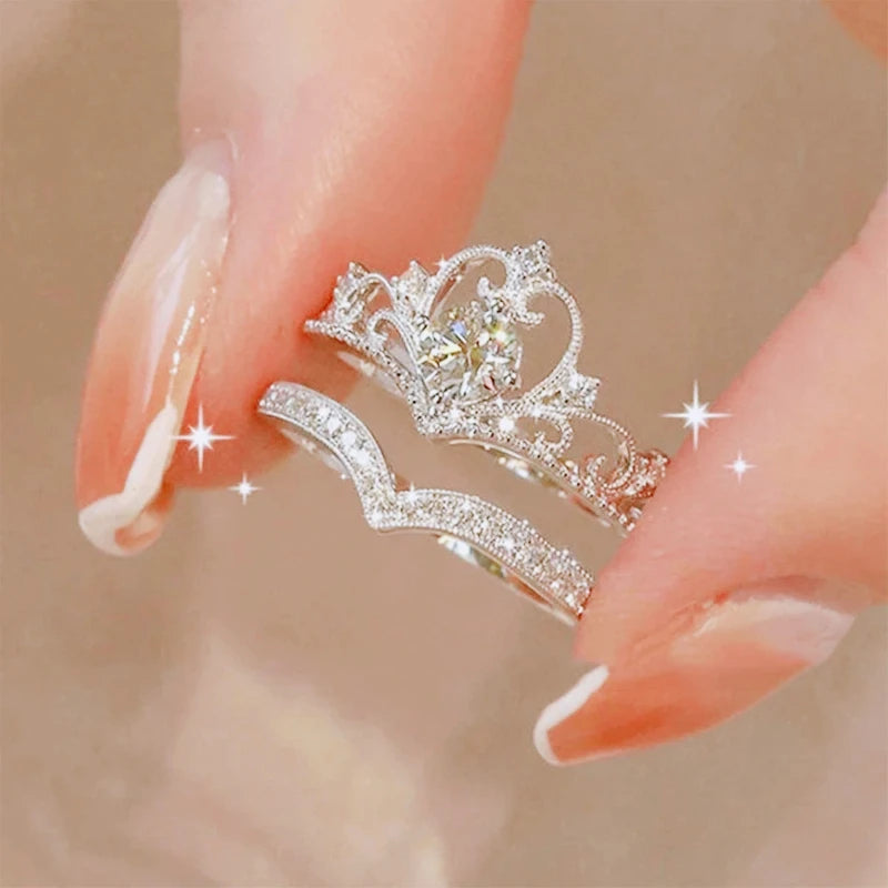 2PCS Adjustable Crystal Crown Rings Set for Women Girls - Vintage Jewelry