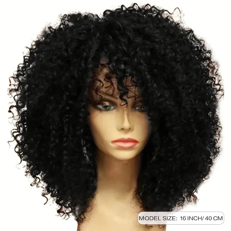 16 Inch Afro Kinky Curly Synthetic Wig with Bangs for Party Cosplay & Daily Wear