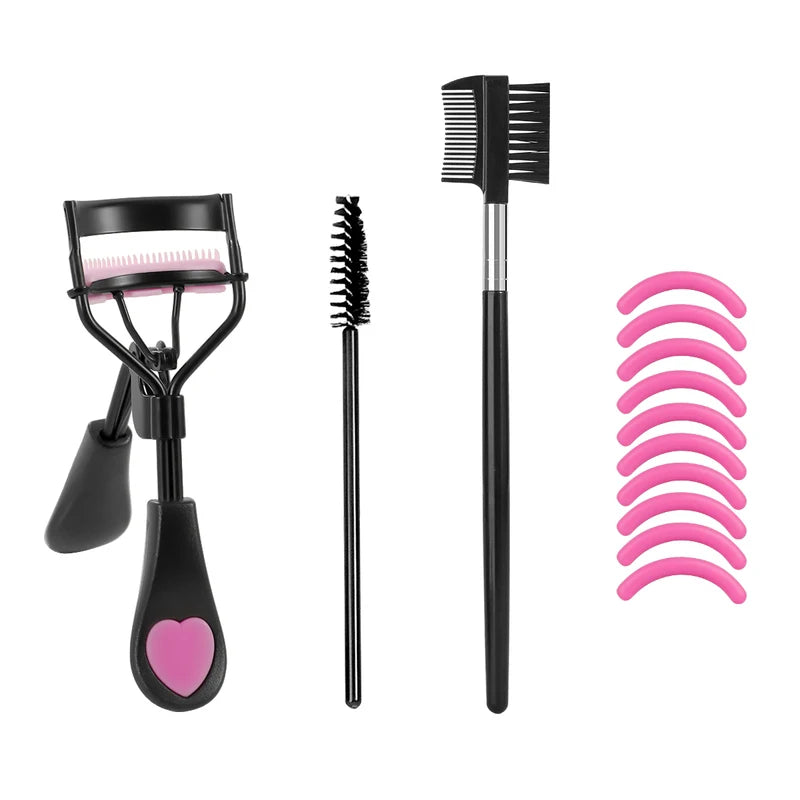Portable Eyelash Curler with 10 Silicone Pads & Spiral & Eyebrow Comb - Gentle Lash Care