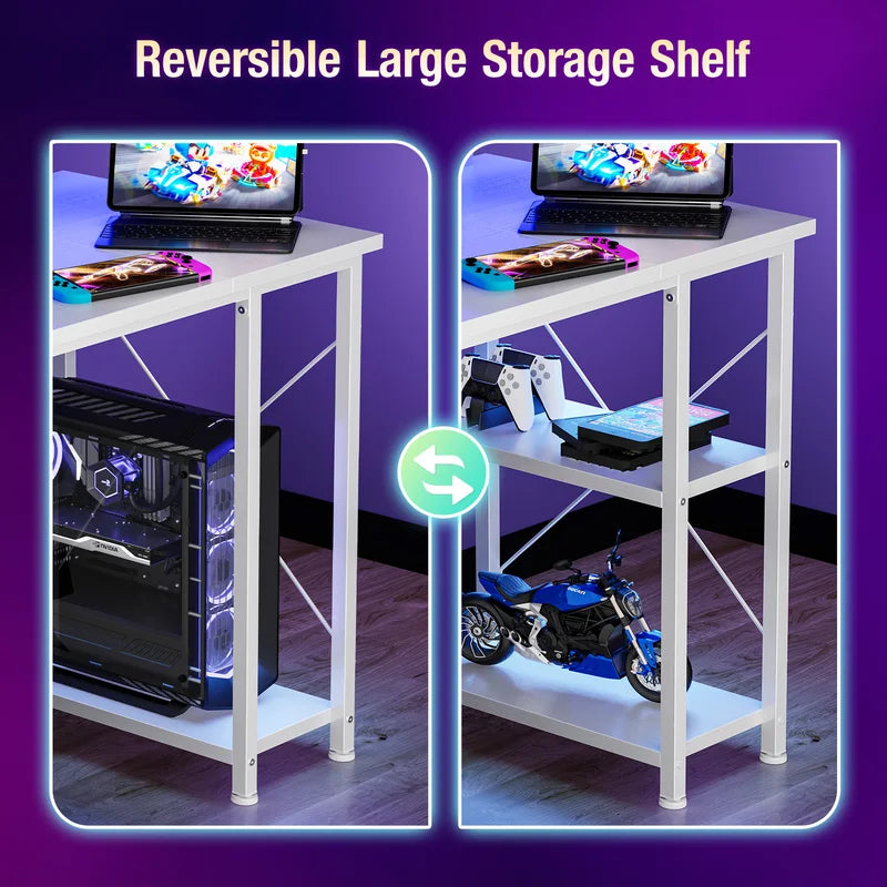 48-Inch Computer Desk with Shelves Drawers and LED Lighting - Office Gaming Table with Power Outlets