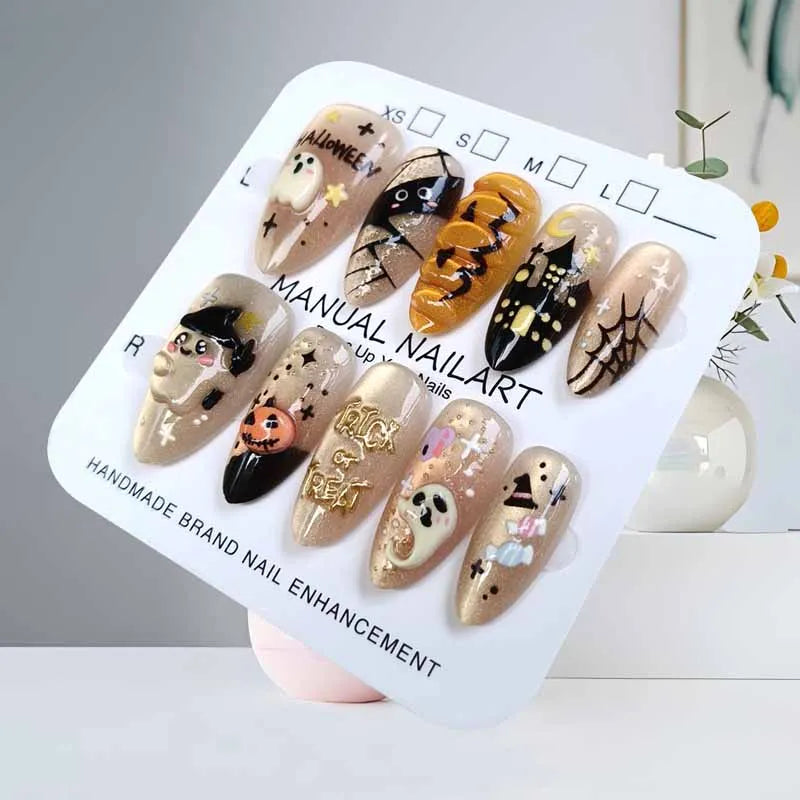 10Pcs French Style Cute 3D Short Almond False Nails with Cat Eye Design