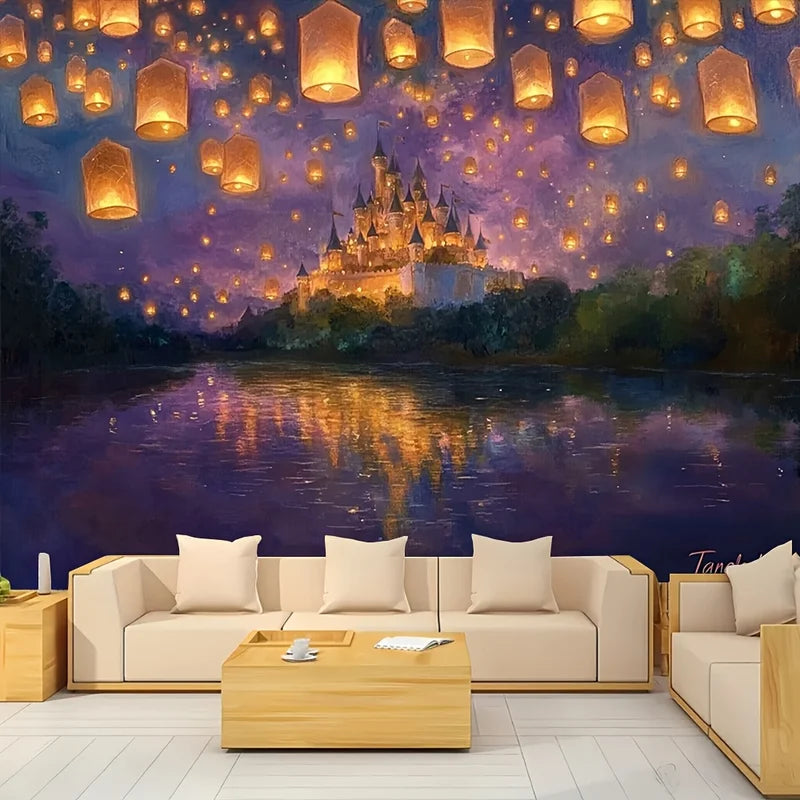 Princess Castle Yard Decoration with Glittering Lanterns and Flag Background - Festival & Party Decor