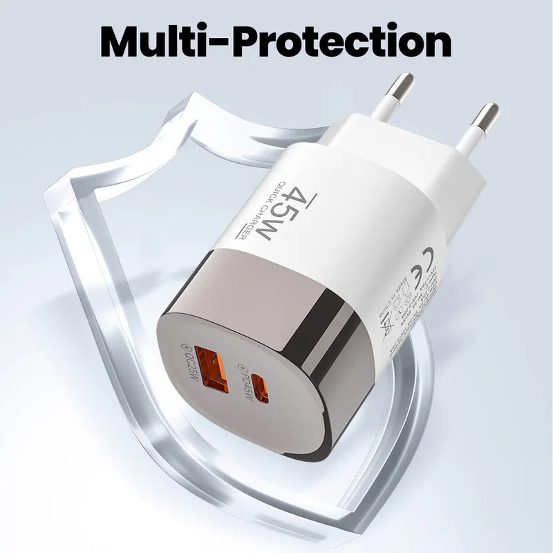 45W USB Type C Charger 2 Port PD Fast Charging Wall Adapter for Mobile Phones