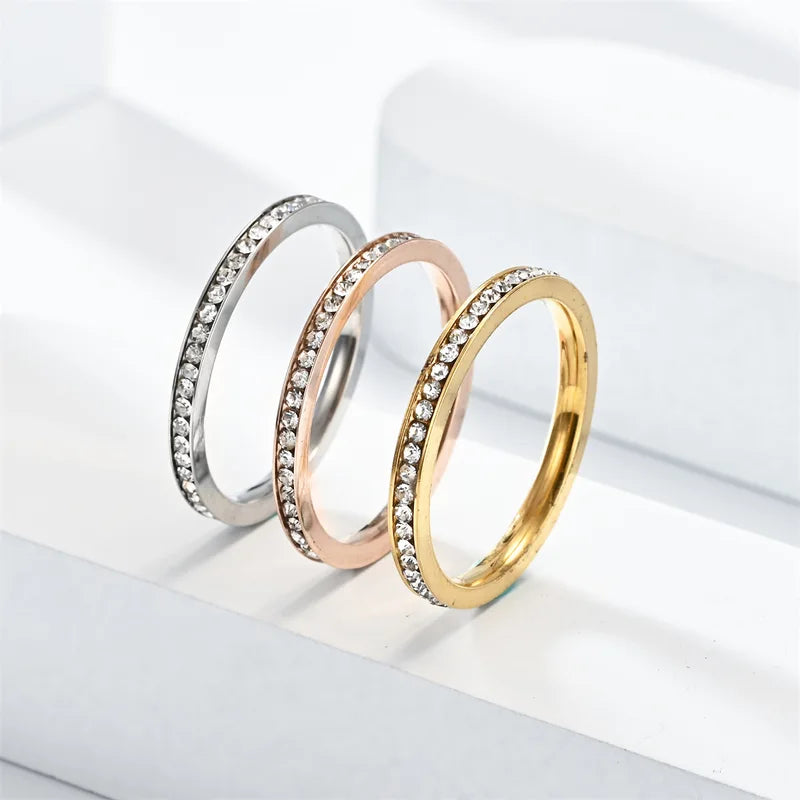 2mm Iced Out Bling Ring for Women Silver Plated Stainless Steel Engagement Jewelry