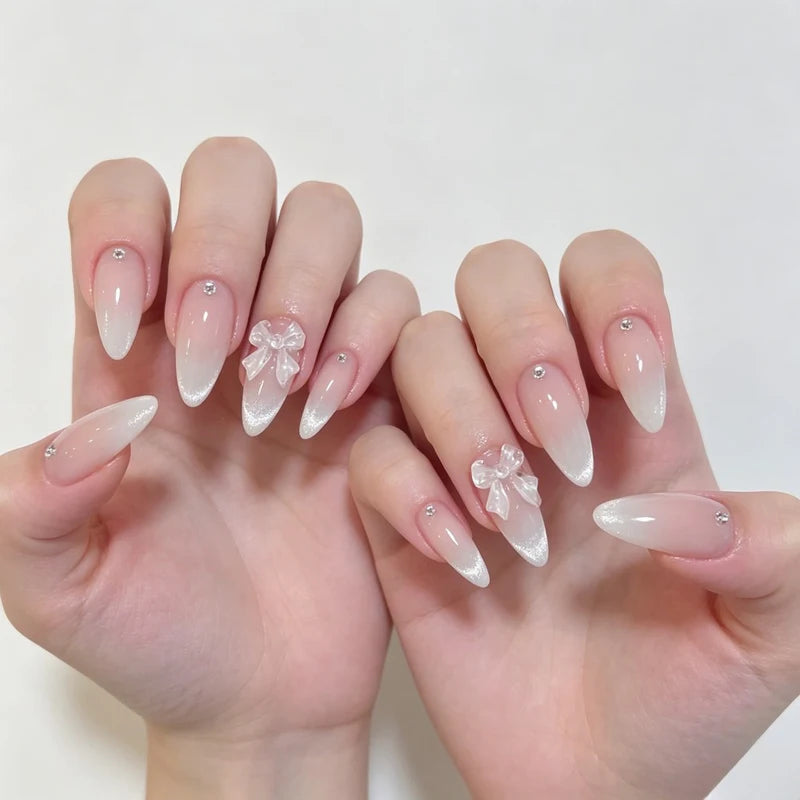 24Pcs French Press Nail Art Set with Diamond-Pointed Bow Knots for Women & Girls - Almond Shape