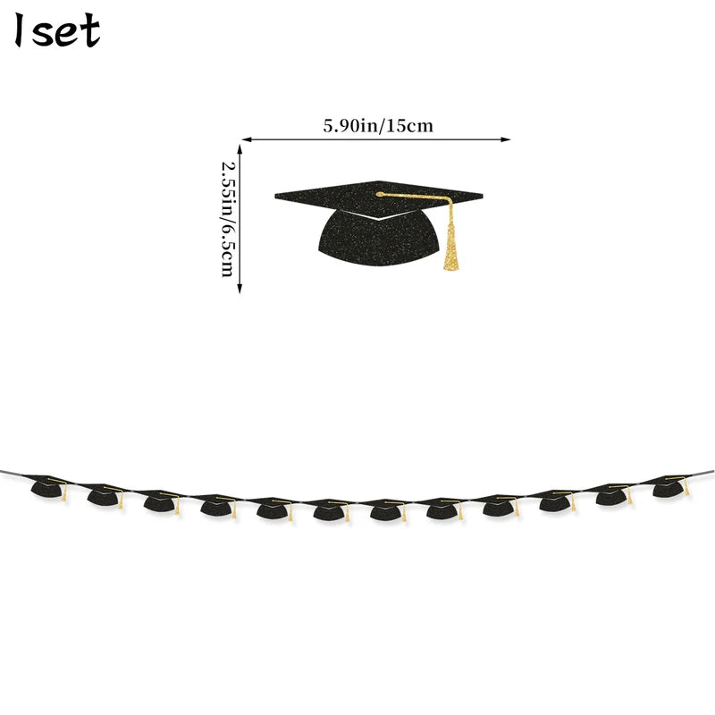 Graduation Hat Star Banner Hanging Decorations - Black Gold Party Ornaments