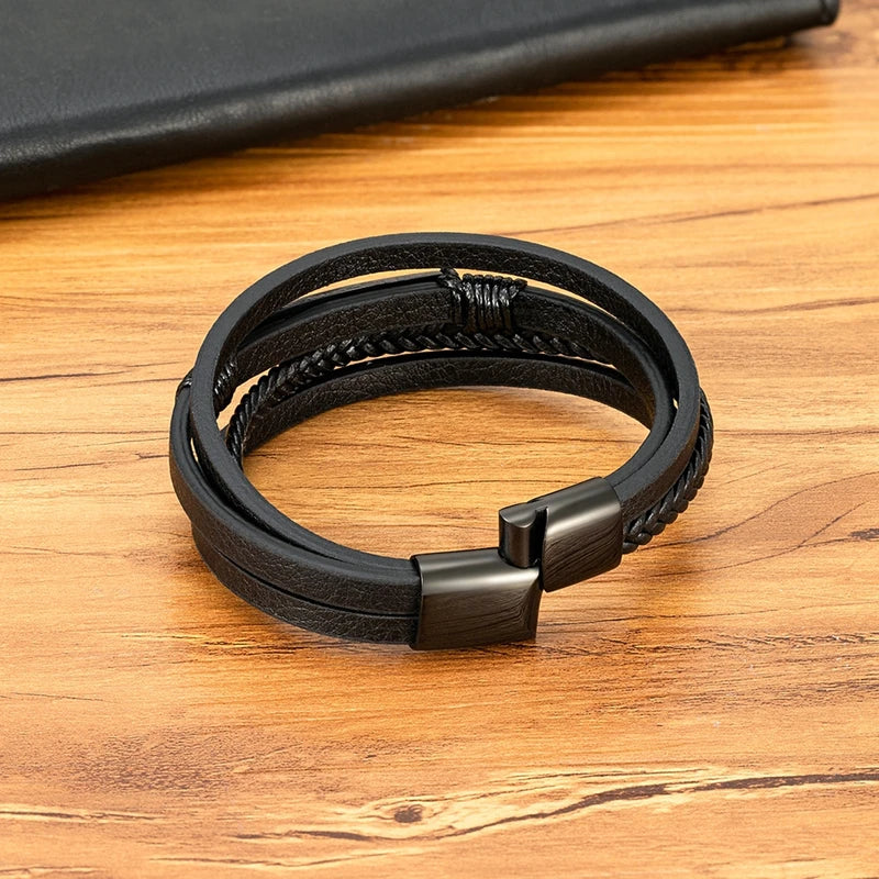Multi-Layer Leather Wrap Bracelet for Men Stainless Steel Casual Jewelry
