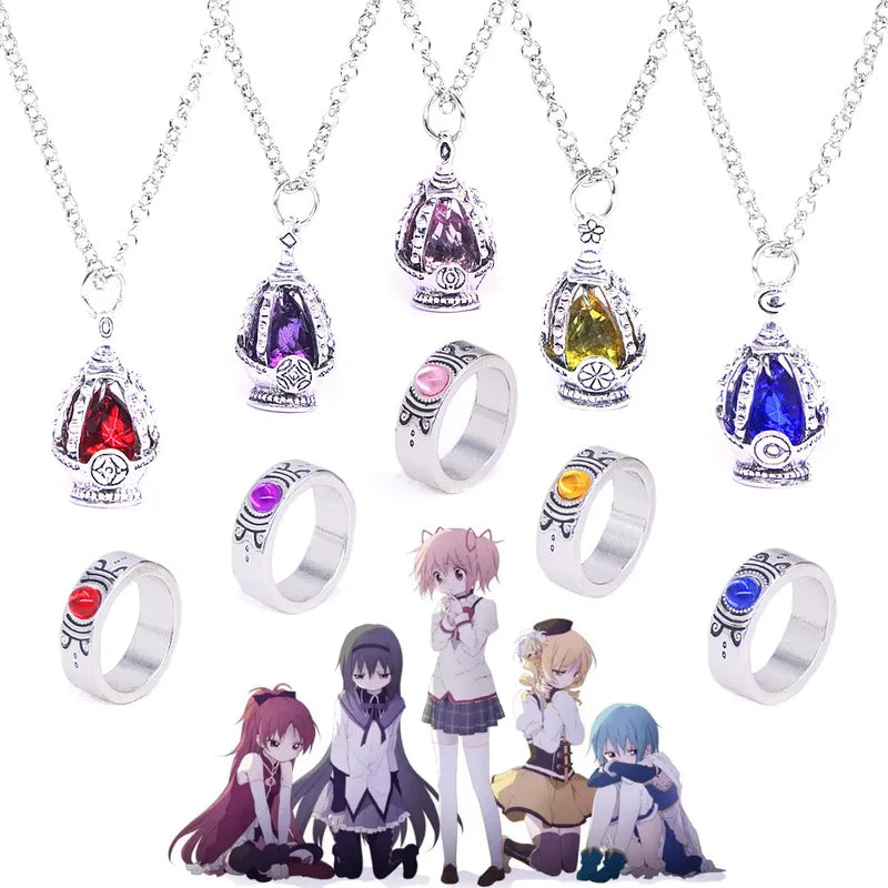 Anime Necklace Set - Madoka Magica Soul Gem Pendant & Ring Jewelry