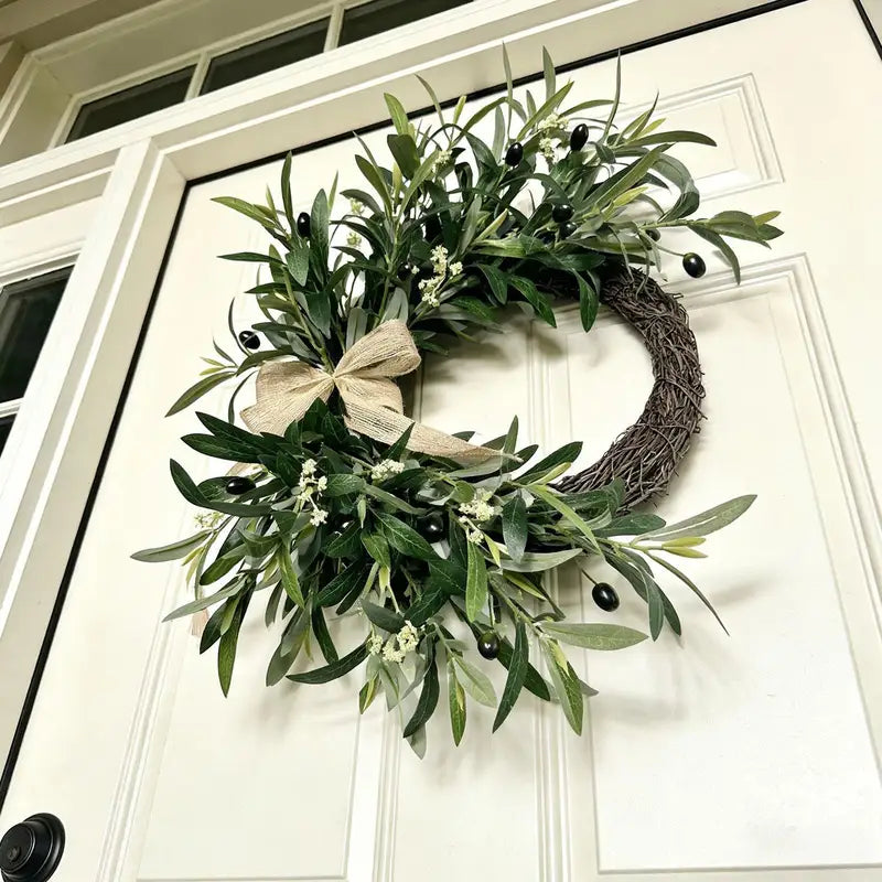 Artificial Greenery Spring Wreath with Olive Leaves and Bow for Front Door & Indoor Decor