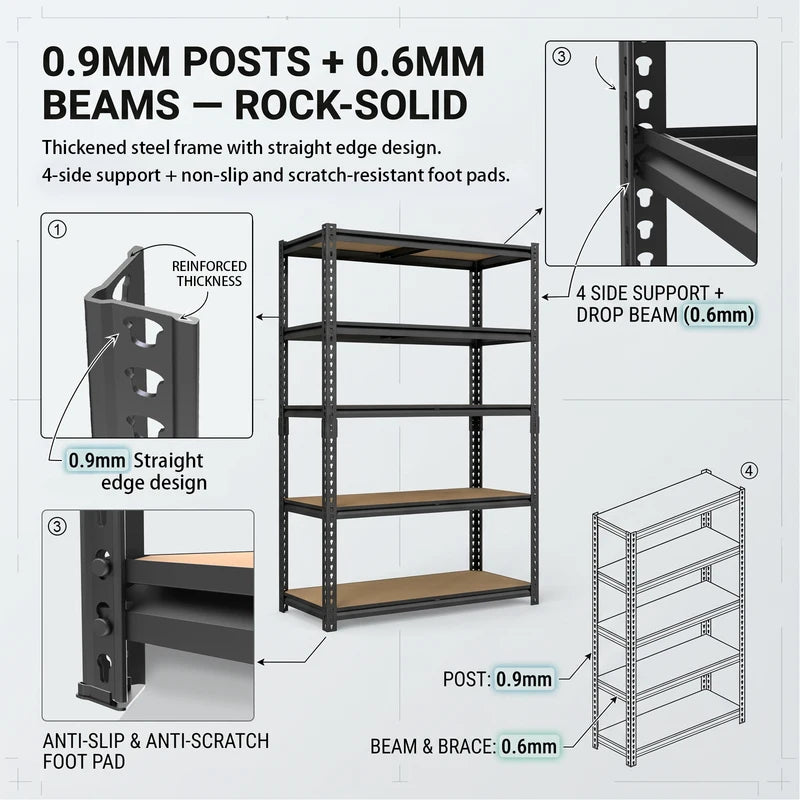Heavy-Duty Industrial Metal Storage Shelves – Adjustable Garage & Warehouse Shelving Unit, No-Bolt Assembly, 72 Inches High