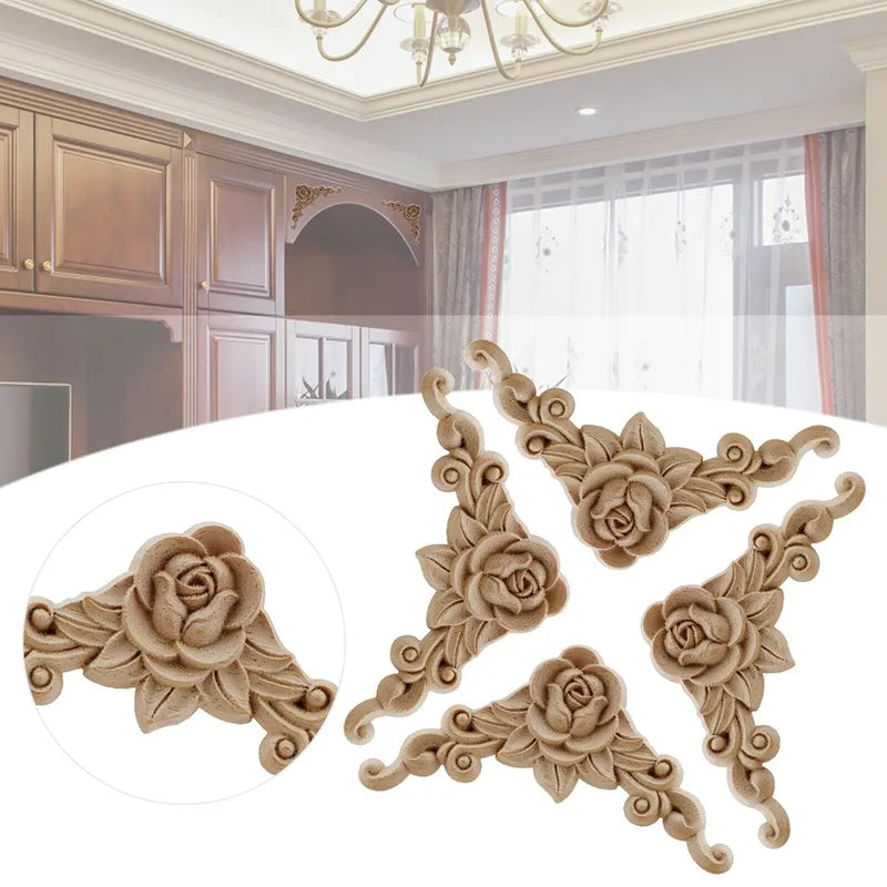 Wooden Floral Corner Wall Decor - Set of 4 Carved Wooden Appliques for Doors & Furniture
