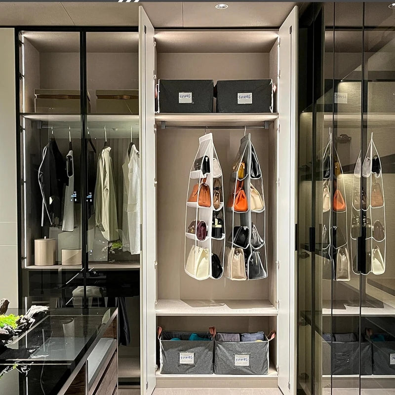 Hanging Bag Organizer with 8 Compartments - Space-Saving Wardrobe Storage Rack