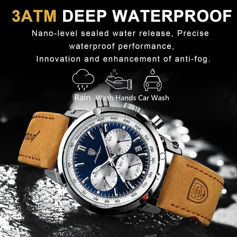 Men's Quartz Watch Waterproof Luminous Chronograph Military Leather Watch