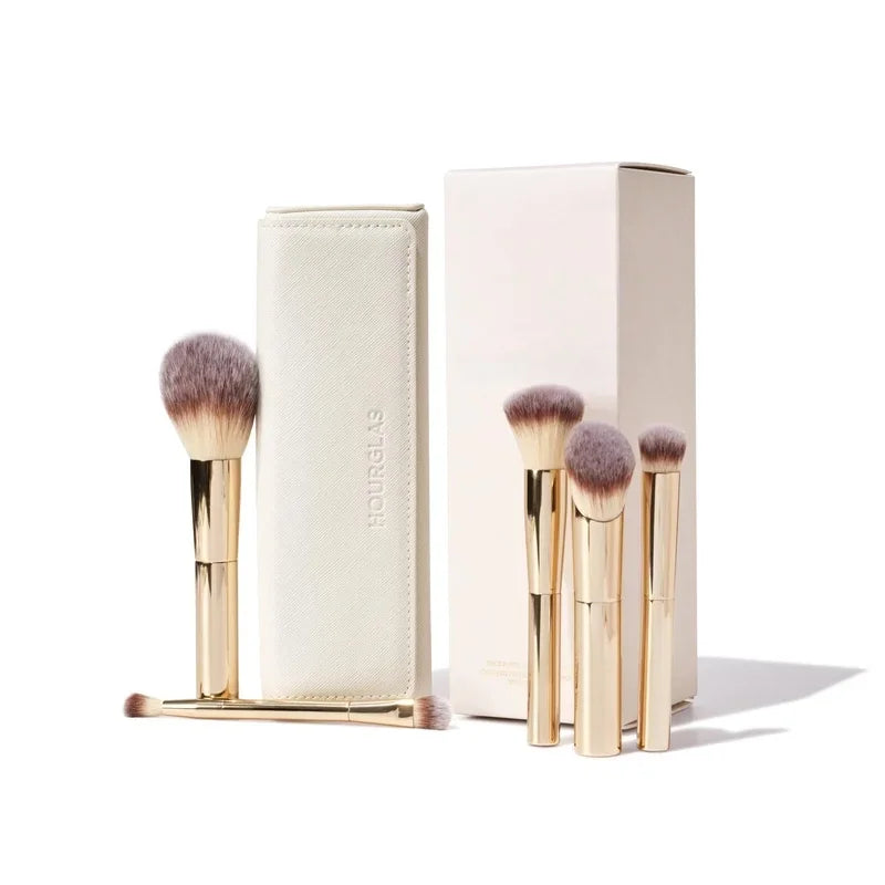 Travel Face and Eye Brush Set with Gold Finish & Pouch - Makeup Tools