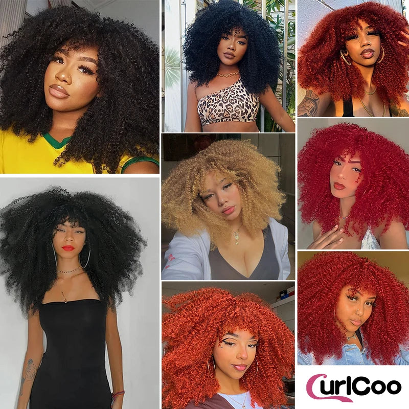 Curly Afro Wig with Bangs - Long Synthetic Curly Costume Wig for Daily Wear and Parties
