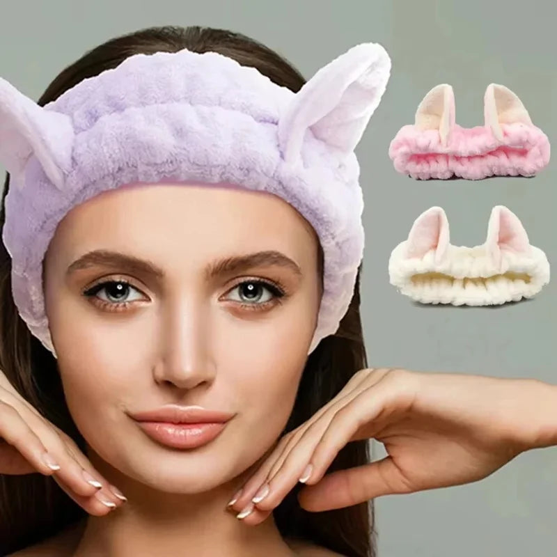 Cute Cat Ear Headband for Women - Soft Fleece Face Mask & Makeup Accessory