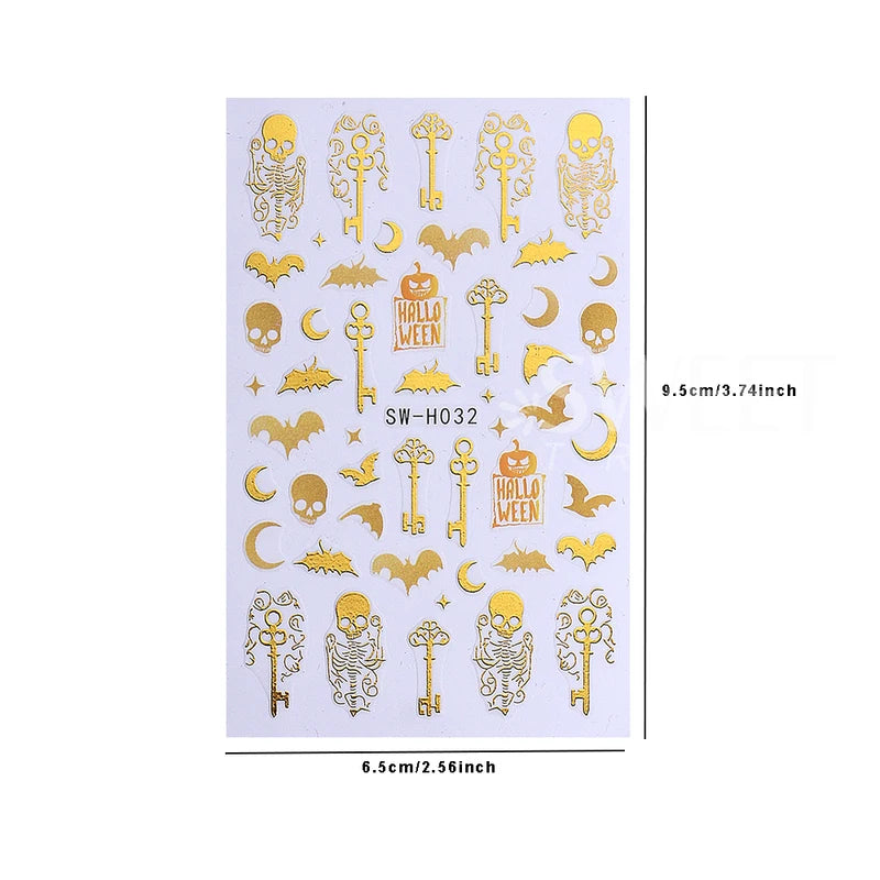 Halloween Nail Stickers Gold Skeleton Pumpkin Bat Key 3pcs Manicure Decals