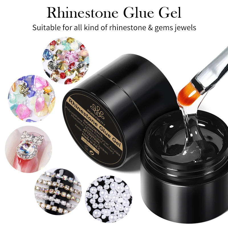 Nail Rhinestone Glue Gel with Mirror Powder and Nail Liner Brush for Nail Art