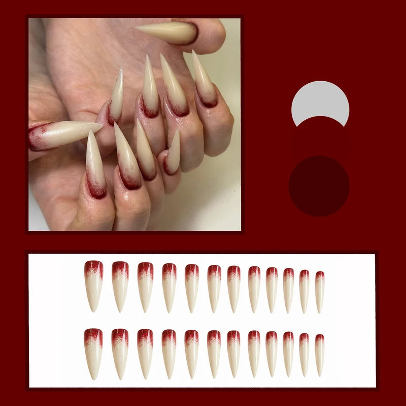 24PCS Gothic Nude False Nails Long Pointed Halloween Blood Stained Design