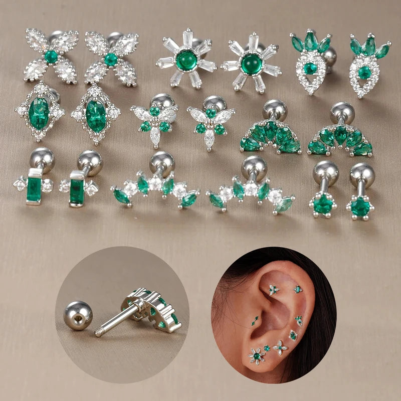 2-Piece Stainless Steel Tiny Stud Earrings for Women with Green Crystal Zirconia - Cartilage Helix Tragus Piercing Jewelry