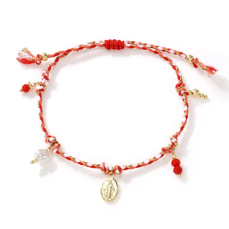 Multicolor Braided Rope Bracelet with Virgin Mary Pearl Charm Adjustable Women’s Jewelry